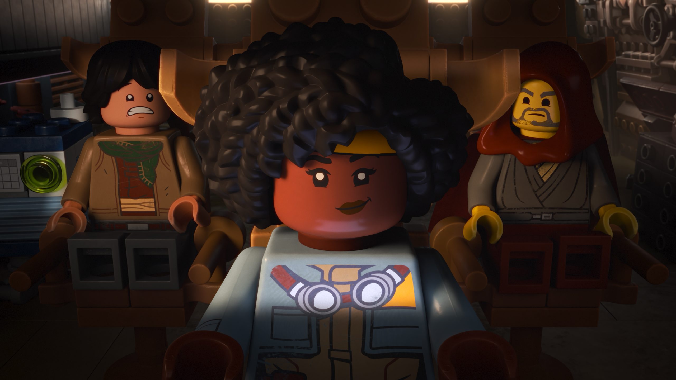 (L-R): Sig Greebling, Yesi Scala, and Jedi Bob in a scene from LEGO STAR WARS: REBUILD THE GALAXY, exclusively on Disney+.