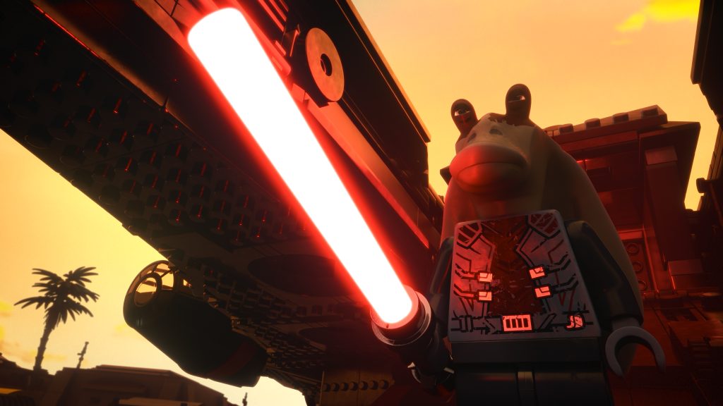 Darth Jar Jar and the Dark Falcon in a scene from LEGO STAR WARS: REBUILD THE GALAXY, exclusively on Disney+.