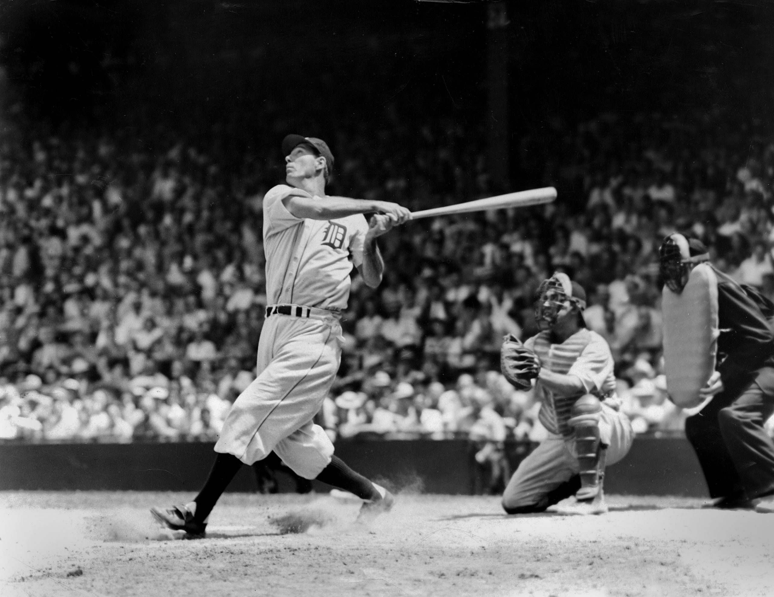 A still from The Life and Times of Hank Greenberg: First baseman Hank Greenberg of the Detroit Tigers swings at a pitch in 1935. Greenberg is a member of the Baseball Hall of Fame.