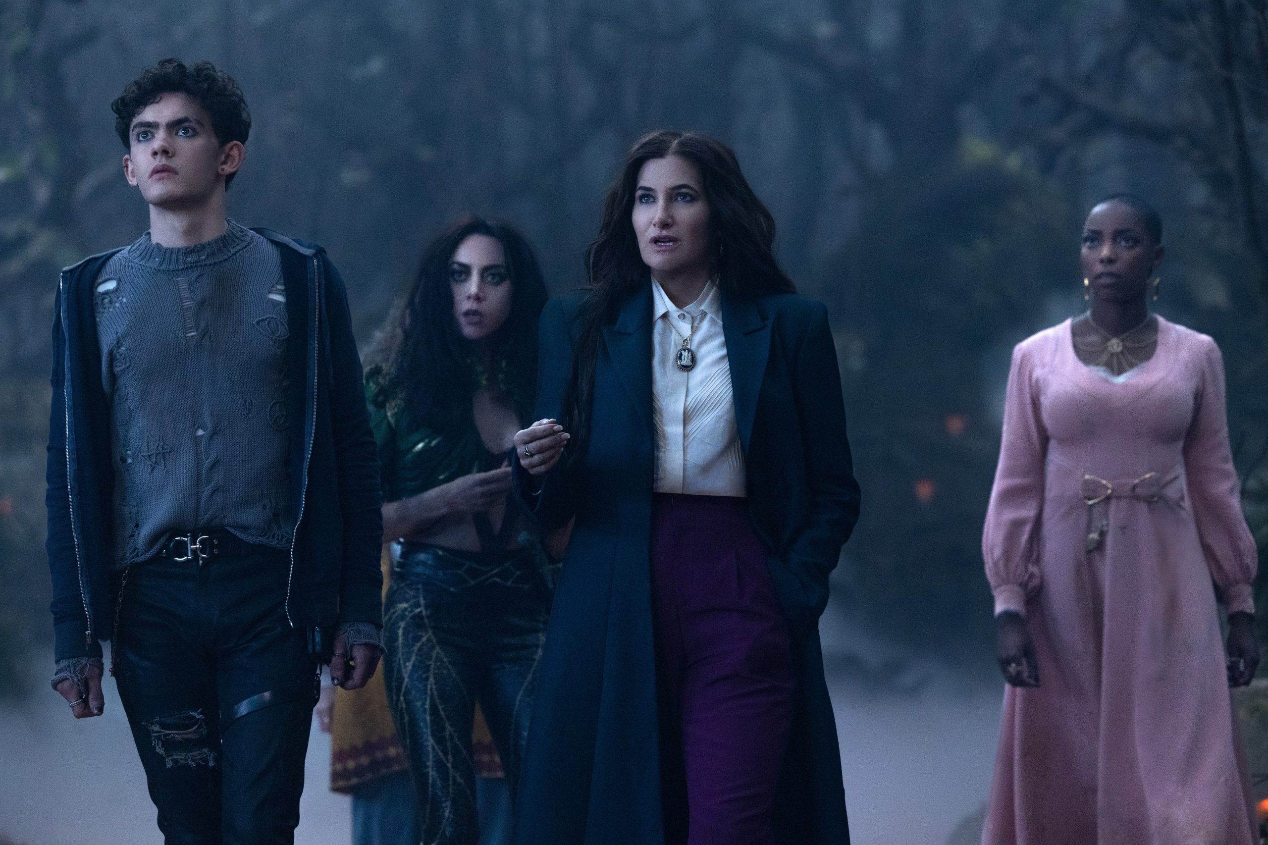 (L-R): Teen (Joe Locke), Rio Vidal (Aubrey Plaza), Agatha Harkness (Kathryn Hahn) and Jennifer Kale (Sasheer Zamata) in Marvel Television's AGATHA ALL ALONG, exclusively on Disney+.