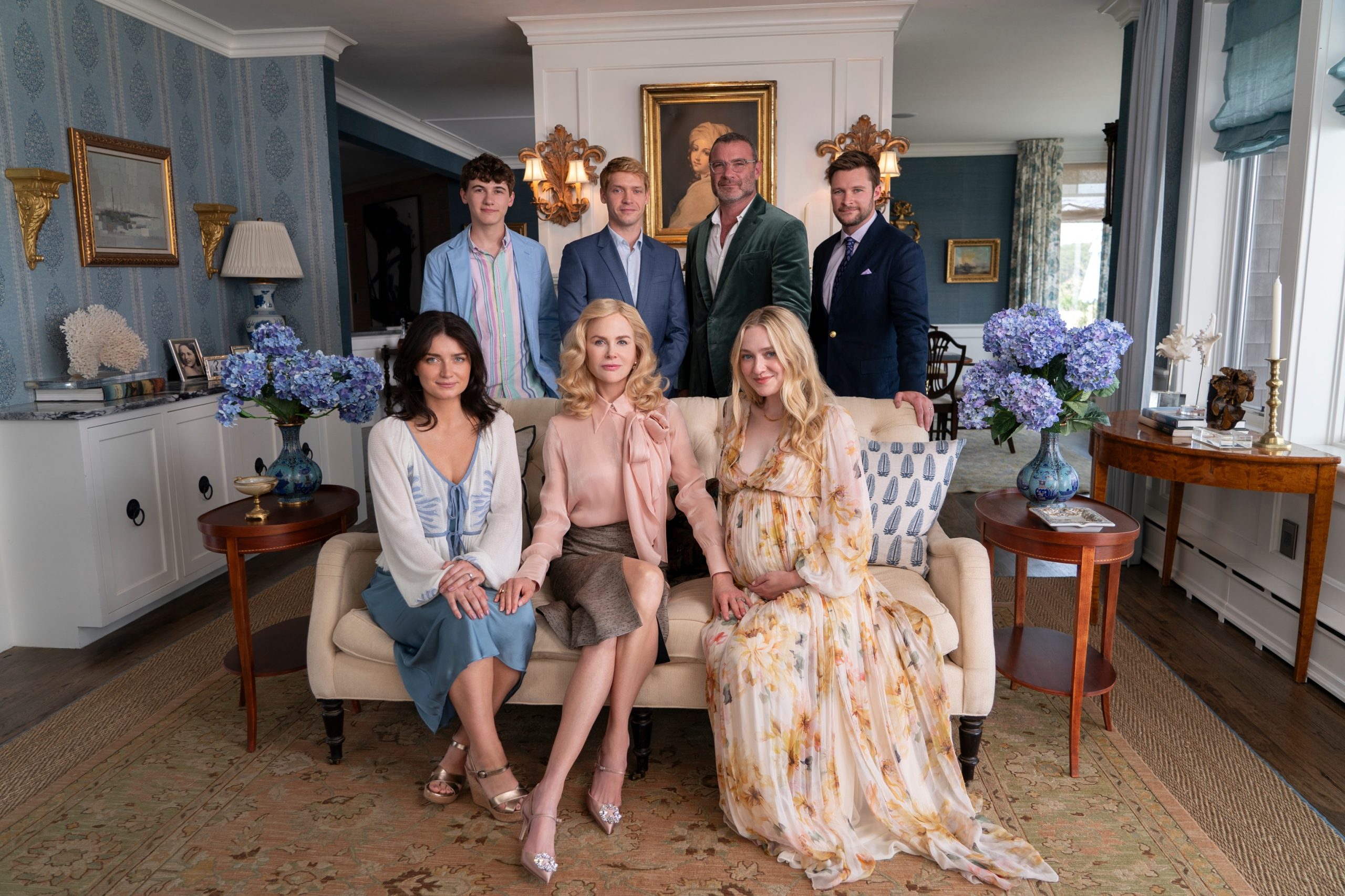 (L to R) Eve Hewson as Amelia Sacks, Sam Nivola as Will Winbury, Nicole Kidman as Greer Winbury, Billy Howle as Benji Winbury, Liev Schreiber as Tag Winbury, Dakota Fanning as Abby Winbury, Jack Reynor as Thomas Winbury in episode 103 of The Perfect Couple.