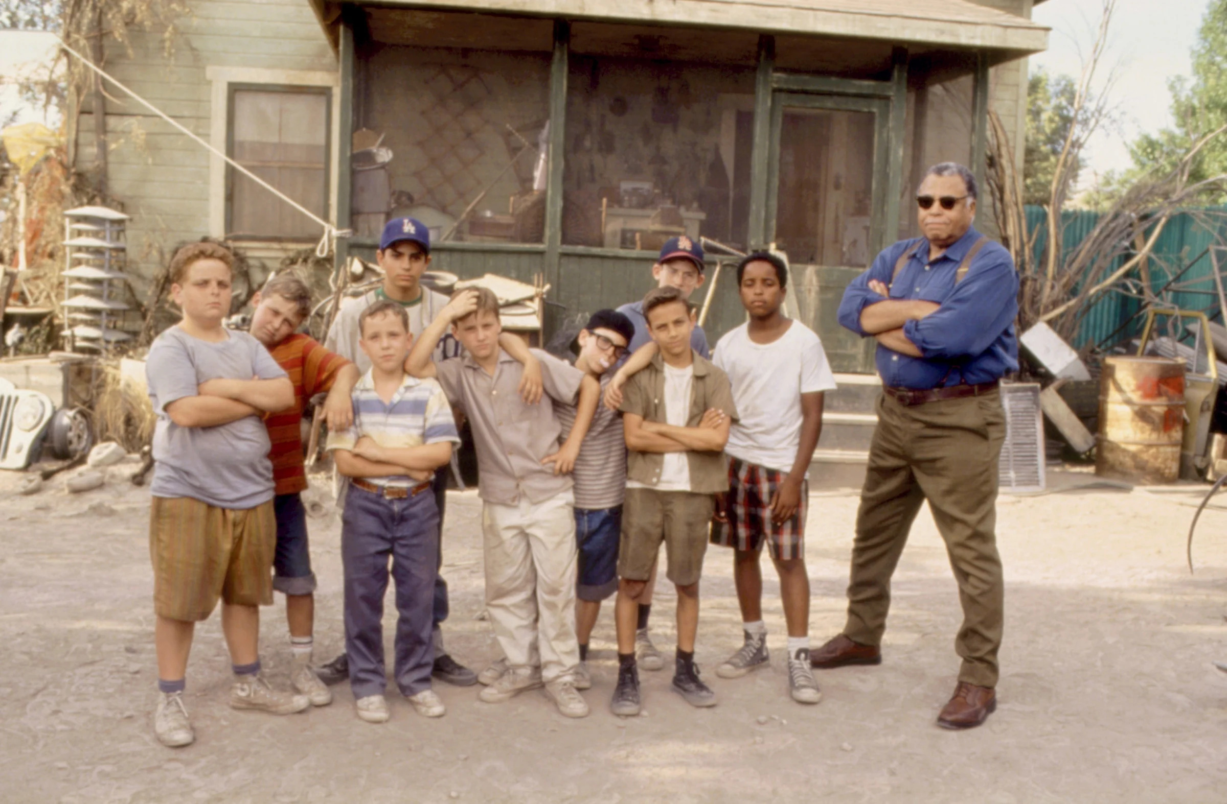 The cast of The Sandlot (L-R): Patrick Renna (Ham), Victor DiMattia (Timmy), Shane Obedzinski (Repeat), Mike Vitar (Benny), Tom Guiry (Smalls), Chauncey Leopardi (Squints), Marty York (Yeah-Yeah), Grant Gelt (Bertram), Brandon Quintin Adams (Kenny), and James Earl Jones (Mr. Mertle).