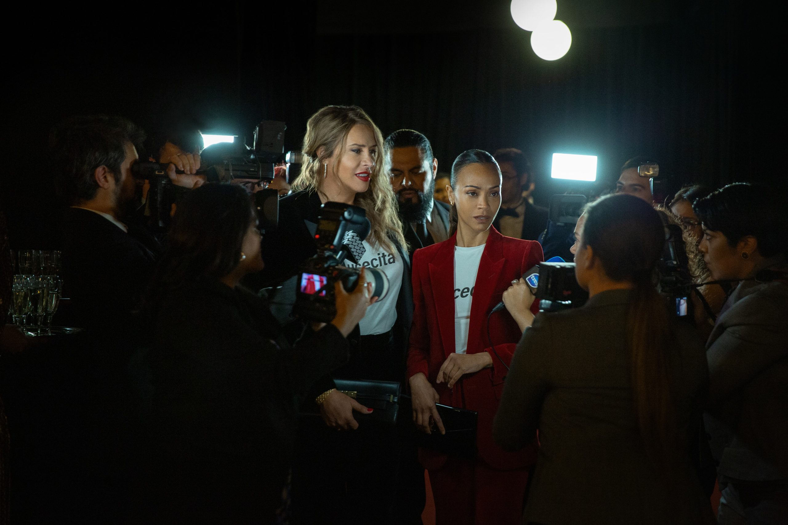 (Featured L-R) Karla Sofía Gascón as Emilia Pérez and Zoe Saldaña as Rita Moro Castro in Emilia Pérez.