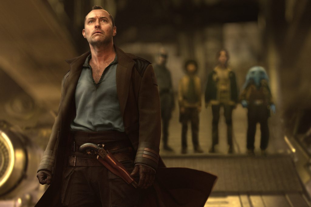 (L-R): Jod Na Nawood (Jude Law), KB (Kyriana Kratter), Wim (Ravi Cabot-Conyers), Fern (Ryan Kiera Armstrong), and Neel (Robert Timothy Smith) in Lucasfilm's SKELETON CREW, exclusively on Disney+.