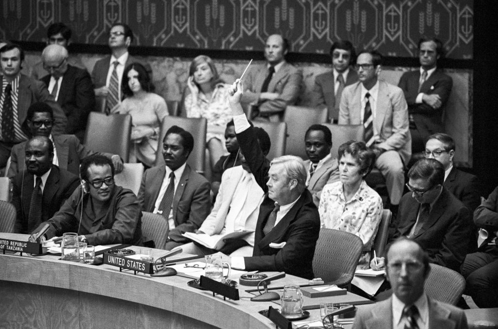Daniel P. Moynihan voting at the United Nations, August 11, 1975.