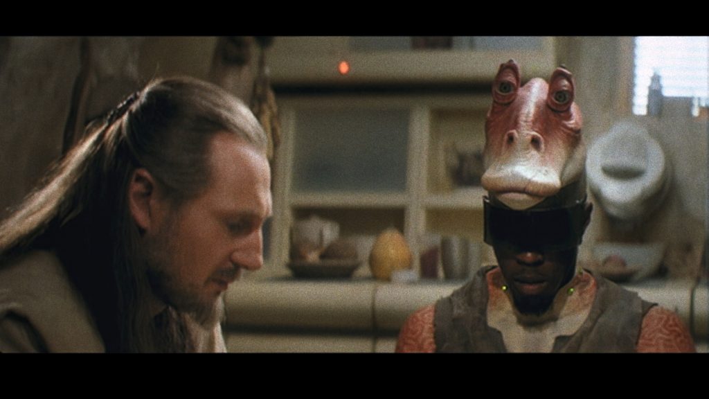 (L-R): Jedi Master Qui-Gon Jinn (Liam Neeson) and Jar-Jar Binks (Ahmed Best) in a scene from Lucasfilm's LIGHT & MAGIC, Season 2, exclusively on Disney+.