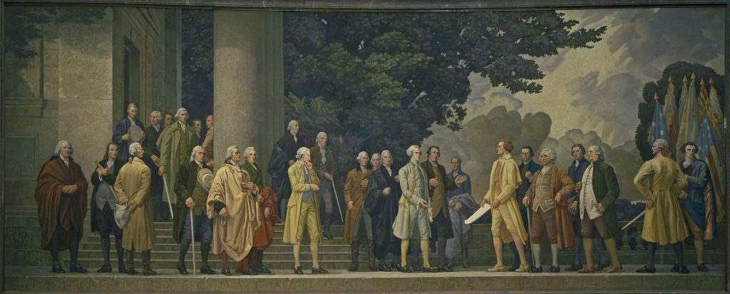Declaration of Independence mural by Barry Faulkner, 1936. Among those pictured are Samuel Adams, John Adams, Thomas Jefferson, Benjamin Franklin, Roger Sherman, and John Hancock. Credit: Library of Congress