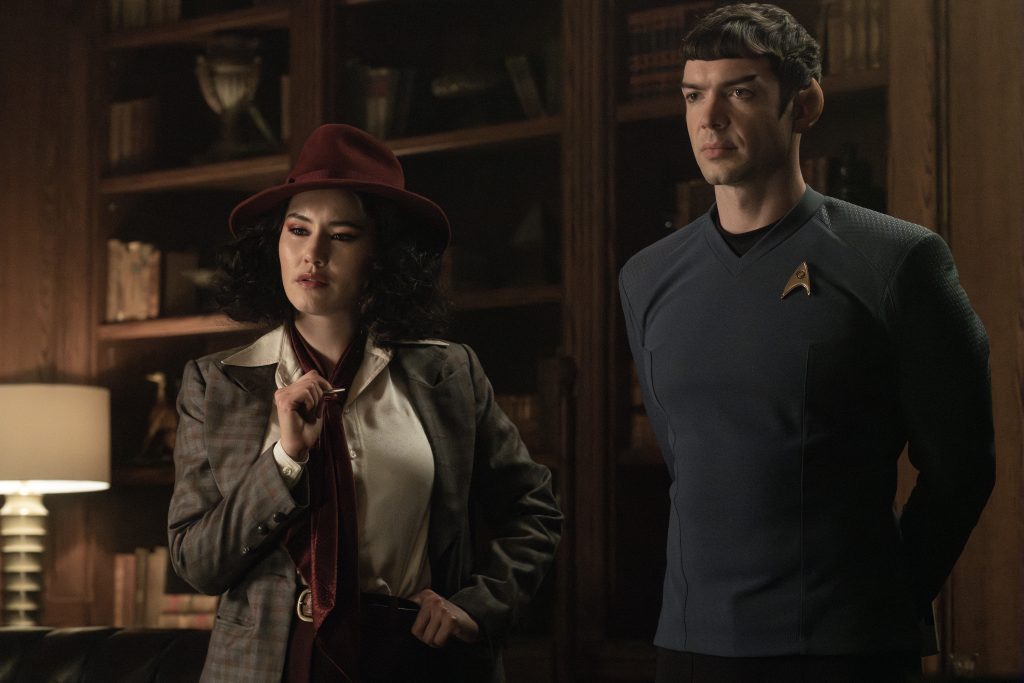 L to R Christina Chong as La'an and Ethan Peck as Spock in season 3, Episode 4 of Strange New Worlds streaming on Paramount+.