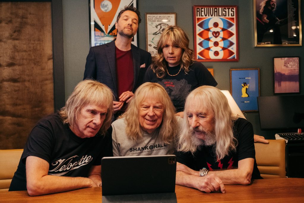 Chris Addison, Kerry Godliman, Christopher Guest, Michael McKean, and Harry Shearer in Bleecker Street's SPINAL TAP II: THE END CONTINUES.