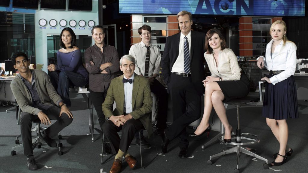 L-R: Dev Patel, Olivia Munn, Thomas Sadoski, Sam Waterston, John Gallagher Jr., Jeff Daniels, Emily Mortimer, and Alison Pill on the set of The Newsroom.