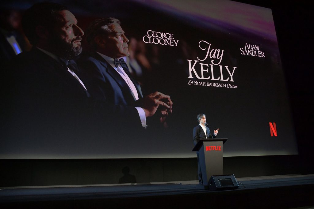 Noah Baumbach speaks onstage at Netflix's "Jay Kelly" Los Angeles premiere at The Egyptian Theatre Hollywood on November 11, 2025 in Los Angeles, California.