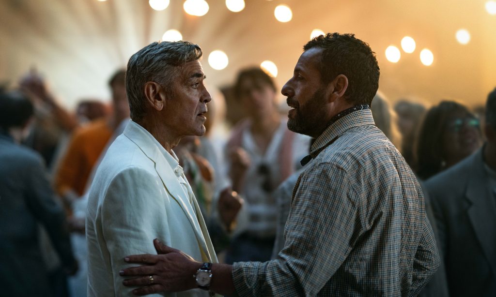 (L-R) George Clooney as Jay Kelly and Adam Sandler as Ron Sukenick in Jay Kelly.