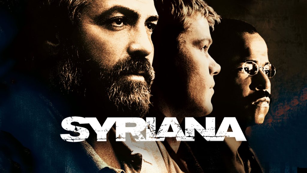 L-R: George Clooney, Matt Damon, and Jeffrey Wright on the Syriana artwork.
