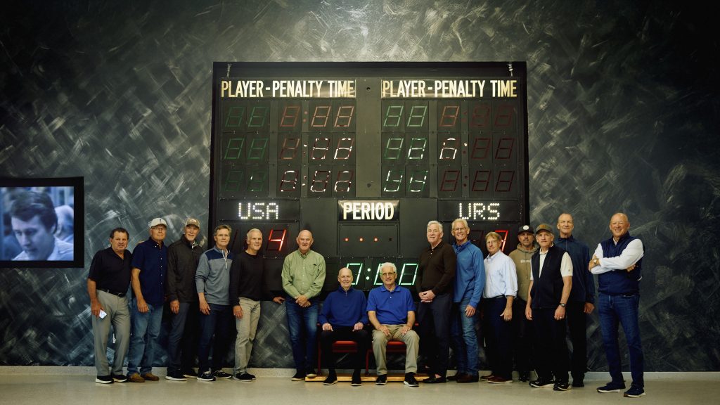 Mike Eruzione, Phil Verchota, Mike Ramsey, Rob McClanahan, John Harrington, Dave Christian, Craig Patrick, Buzz Schneider, Dave Silk, Bill Baker, Steve Janaszak, Neal Broten, Mark Johnson, Ken Morrow, and Jack O'Callahan in Miracle: The Boys of '80.