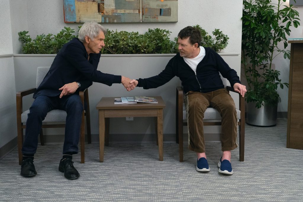 Harrison Ford and Michael J. Fox in "Shrinking," now streaming on Apple TV.