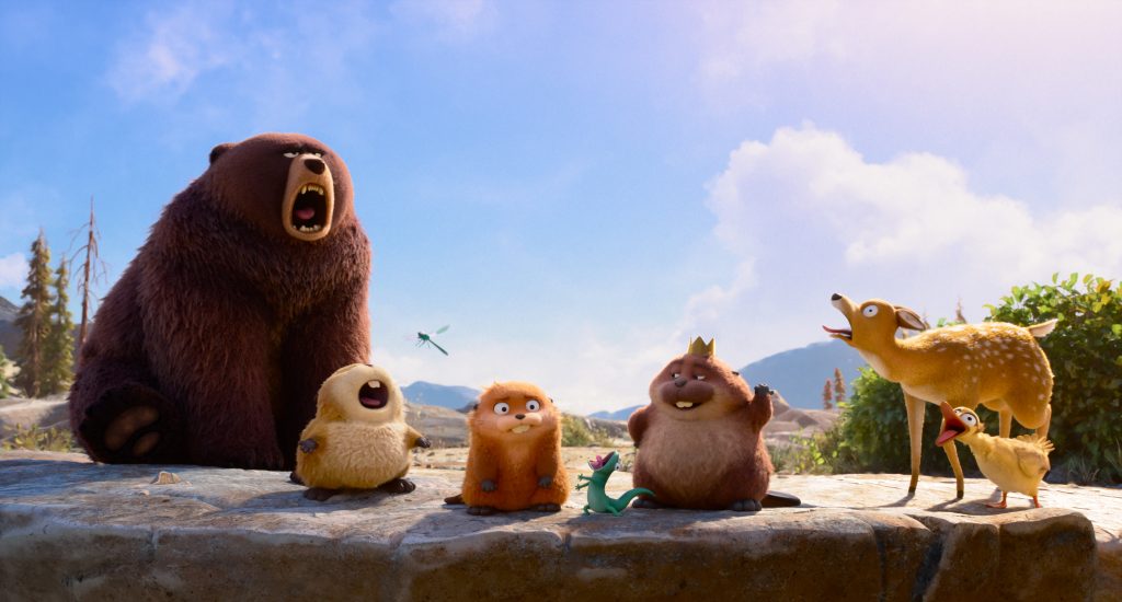 (L-R): Ellen Bear, Loaf, Dragonfly, Mabel Beaver, Tom Lizard, King George, Lucy Deer, and Barbara Duck in Disney and Pixar’s HOPPERS.