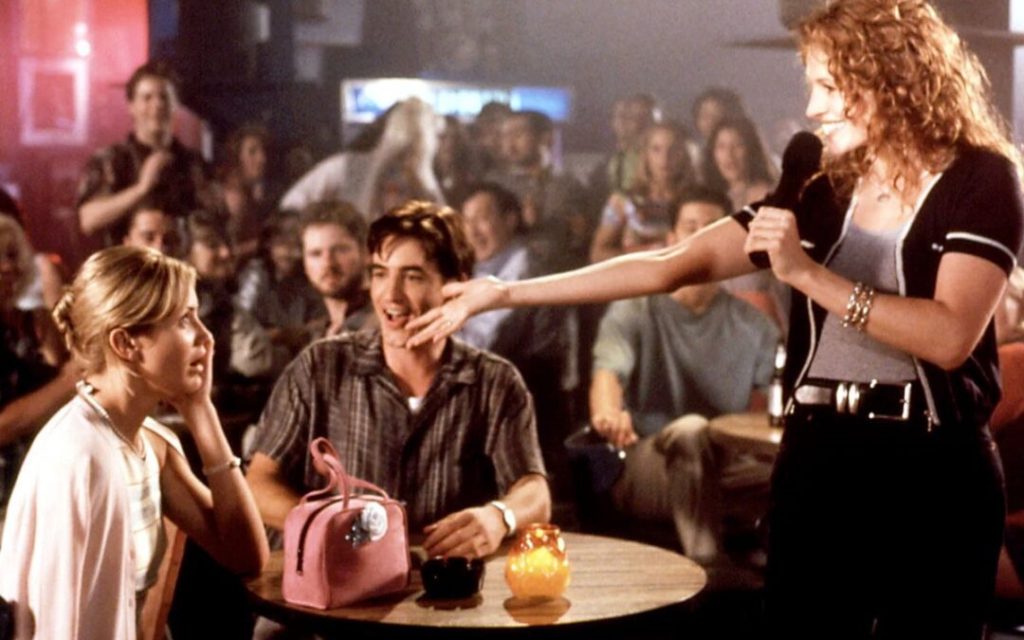 Cameron Diaz, Dermot Mulroney, and Julia Roberts on the My Best Friend’s Wedding.