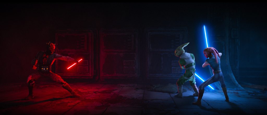 Maul (voiced by Sam Witwer), Master Eeko-Dio Daki (voiced by Dennis Haysbert), and Devon Izara (voiced by Gideon Adlon) in Lucasfilm's STAR WARS: MAUL – SHADOW LORD, exclusively on Disney+.